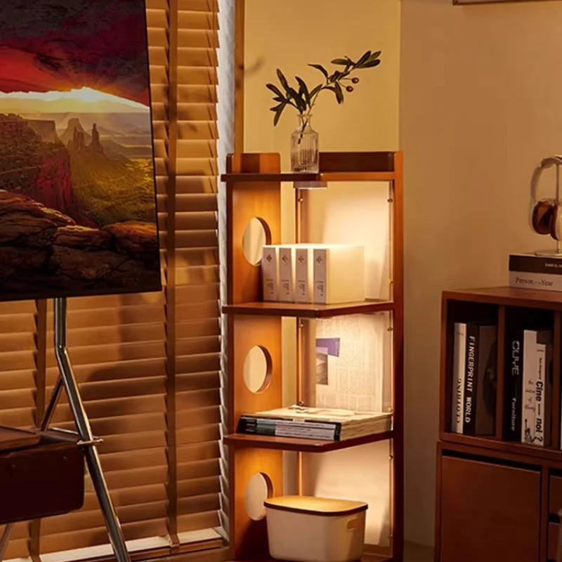 

wood floor-to-ceiling storage bookshelf removable snack storage living room sofa display wall corner cabinet cart
