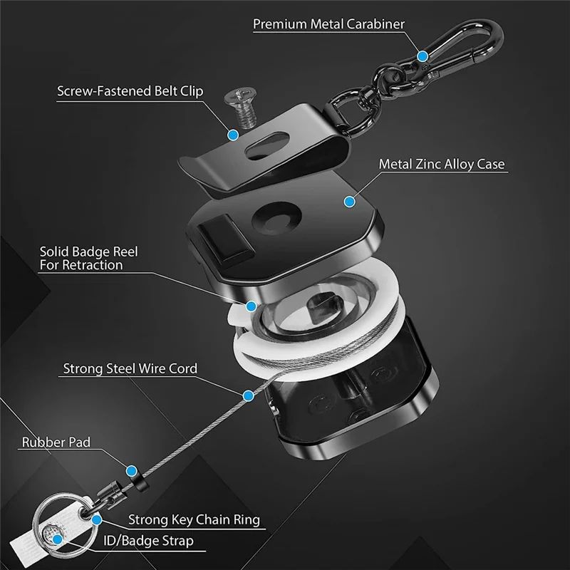 ABFN-Keychain Heavy Duty Metal ID Badge Holder Key Reel Carabiner Keychain With Belt Clip