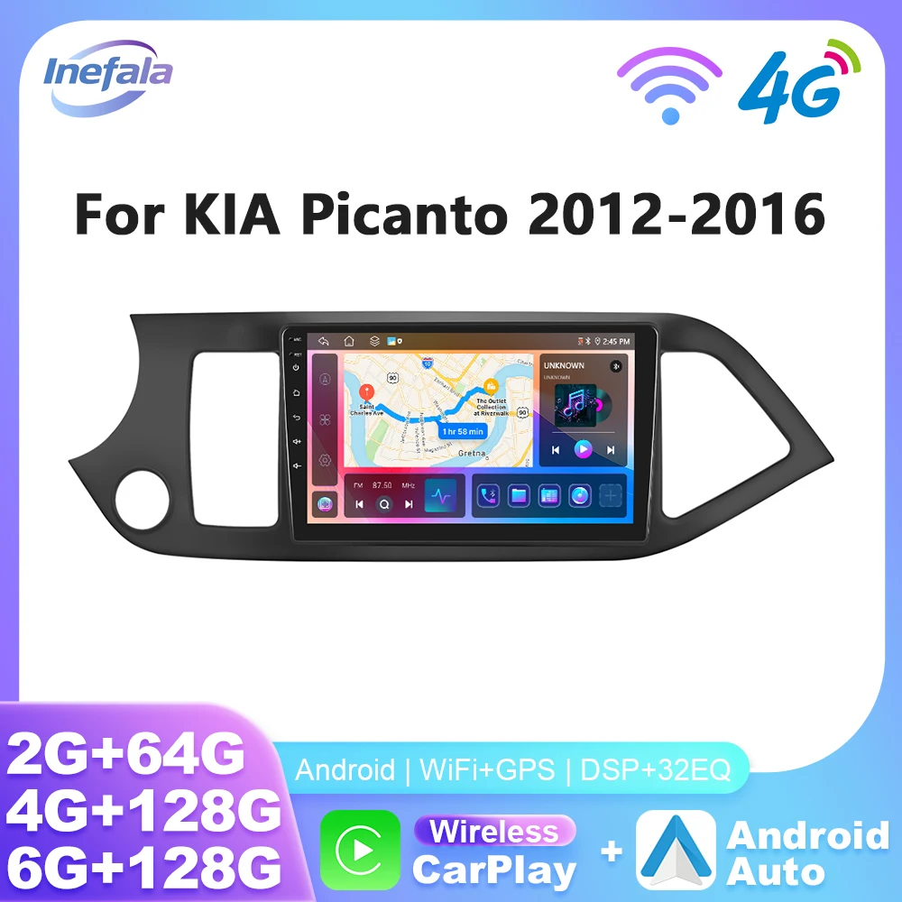 Inefala 6 + 128G sans fil CarPlay Android Auto autoradio pour KIA Picanto 2012-2016 GPS stéréo 4G WIFI lecteur multimédia Mirrorlink