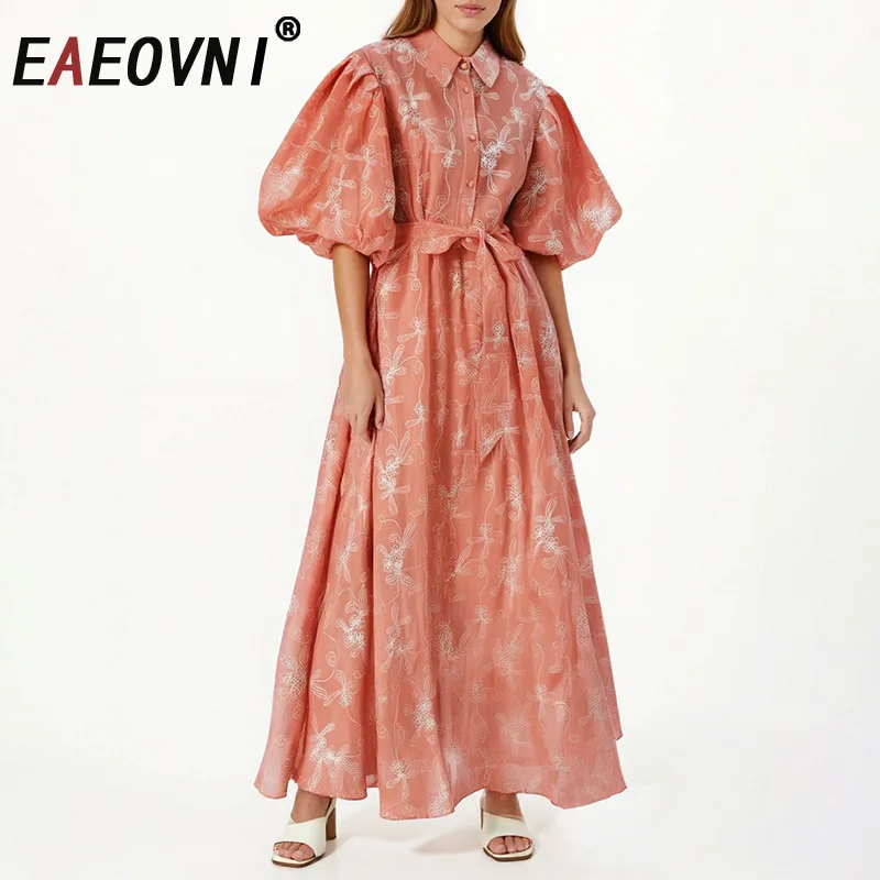 

EAEOVNI Летнее модное платье с принтом, женское длинное платье трапециевидной формы с лацканами и пышными рукавами, поясом, элегантная новая одежда 2023 г.