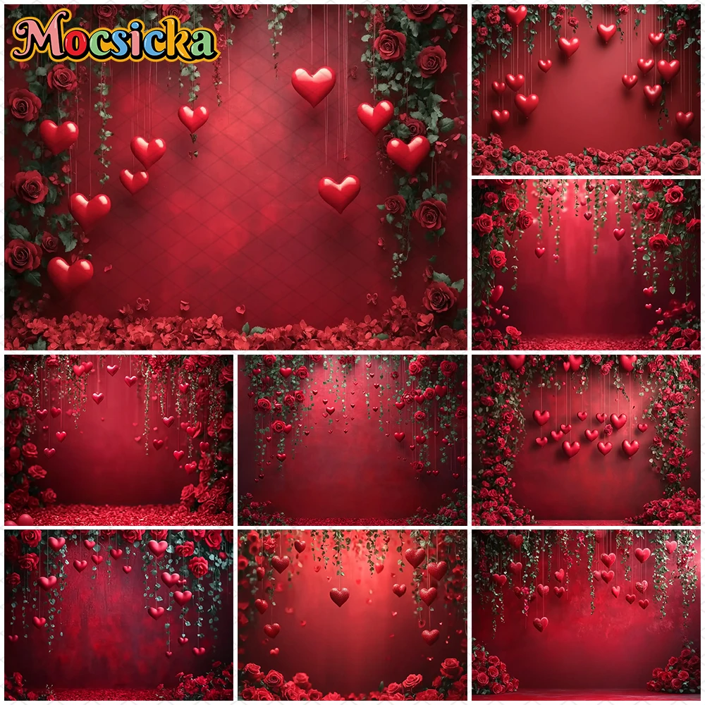 

Mocsicka Valentine's Day Backdrop Rose Love Flowers Red Wall Decorations Adult Woman Girl Wedding Photo Background Studio Banner