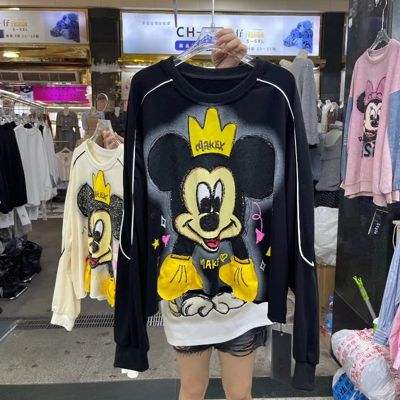 2025 Autumn New Heavy Beaded Cartoon Crew Neck Sweatshirt For Women's Loose Casual Pullover Top Long Sleeves Kawaii Y2k Sudadera