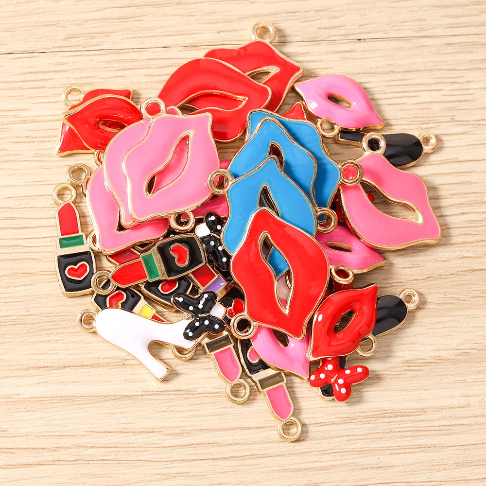 Tusember 10 Stück niedliche High-Heels-Anhänger mit roten Lippen und Lippenstiften für die Schmuckherstellung, Halskette, Ohrringe, Armband, DIY, handgefertigtes Kunsthandwerk – Detail 2