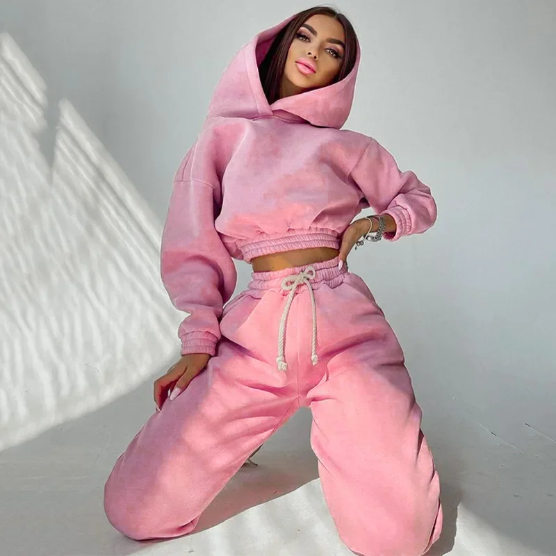 2022 Customize Sports Sweatshirt Sweatpants And Hoodie Set Long Sleeve Crop hoodie Jogger Women set Fleece Warm Winter Tracksuit