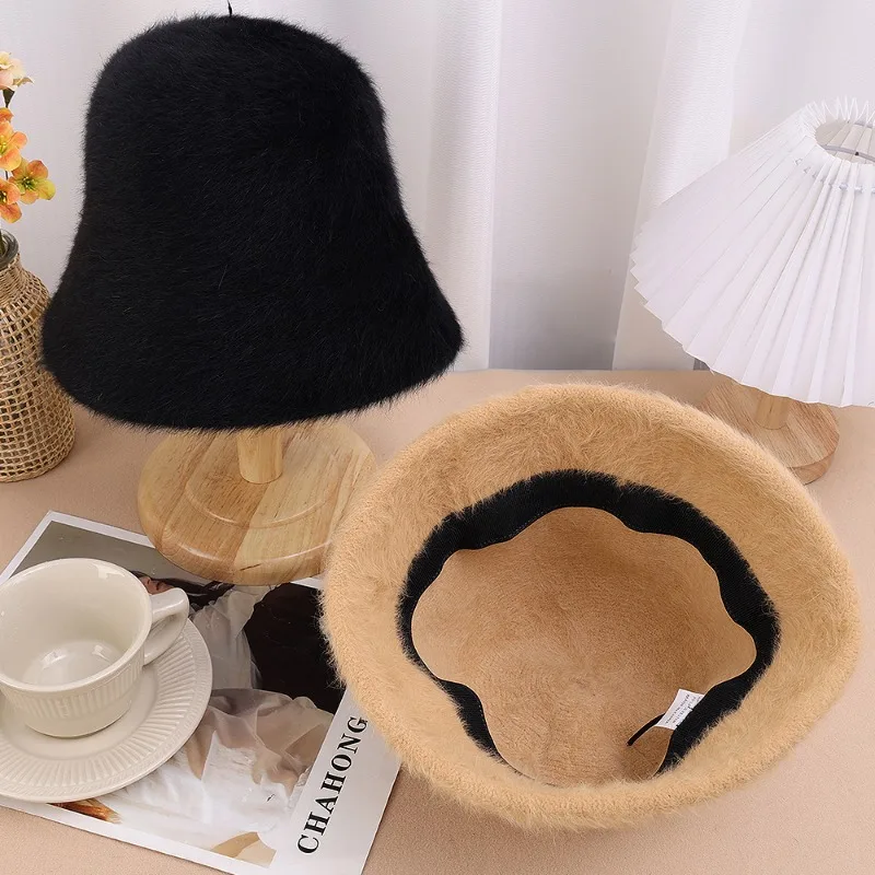 New Rabbit Wool Cute Bucket Hat Winter Plush Fisherman Hats Girl Warm White Black Solid Color Caps for Women Autumn Cold-proof