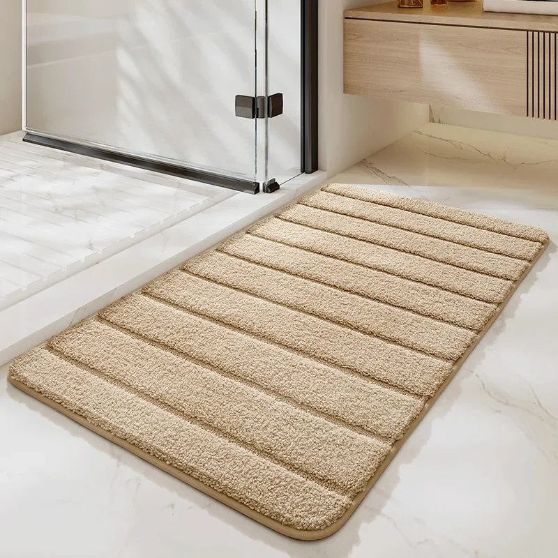 Simple Solid Color Striped Bath Mat Thickened Water-absorbent Microfiber Flocked Bathroom Rug Quick-drying Anti-slip Foot Mat