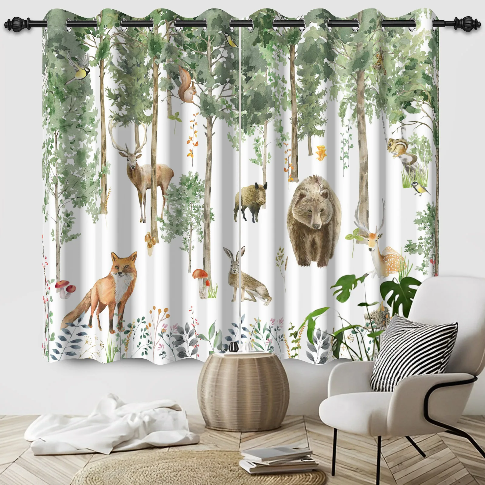 2pc Forest Animals heat Insulation Curtain Jungle Trees Plant Wildlife Bird Bear Fox Deer Living Room Bedroom Blackout Curtains