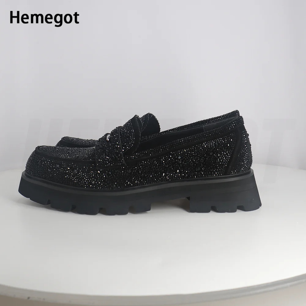 Men Black Rhinestones Loafers Black Bling Bling Men Shoes Newest Round Toe Crystals Slip-On Height Increasing Dress Shoes 38-47