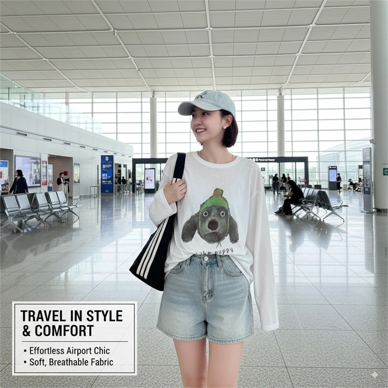 

Lightweight Puppy Print Long Sleeve T-shirt for Women Relaxed Fit Casual Travel Top 2025 Autumn Airport Chic
