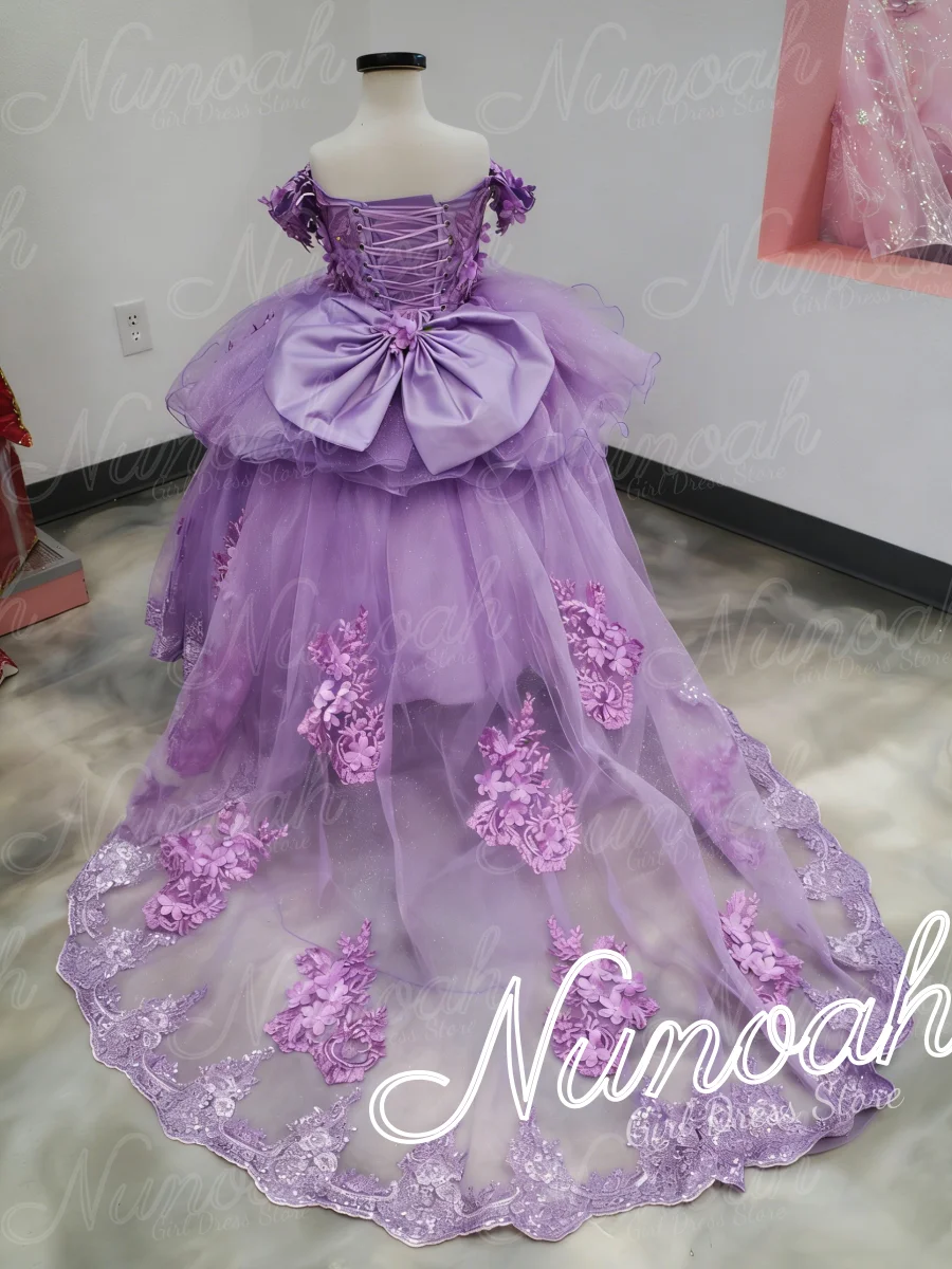 Purple Princess Flower Girl Dress For Wedding Lace Appliques Girl Birthday Party with Trail First Communion Gowns Customized
