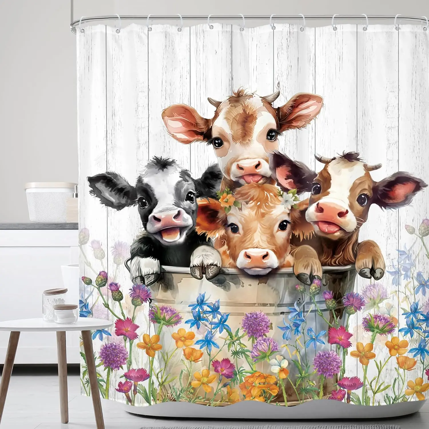 

Funny Cow Shower Curtain Cute Highland Cow Farmhouse Western Cattle Bull Farm Animal Rustic Floral Flower Plant 60Wx72H Bathroom