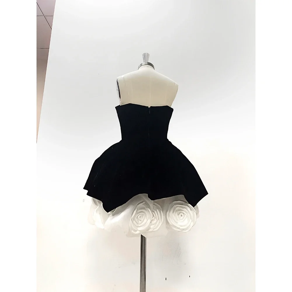 Special Occasion Mini Skirt White and Black Strapless Prom Dresses Above Knee 3D Flowers Elegant Skirts Sleeveless Vestidos