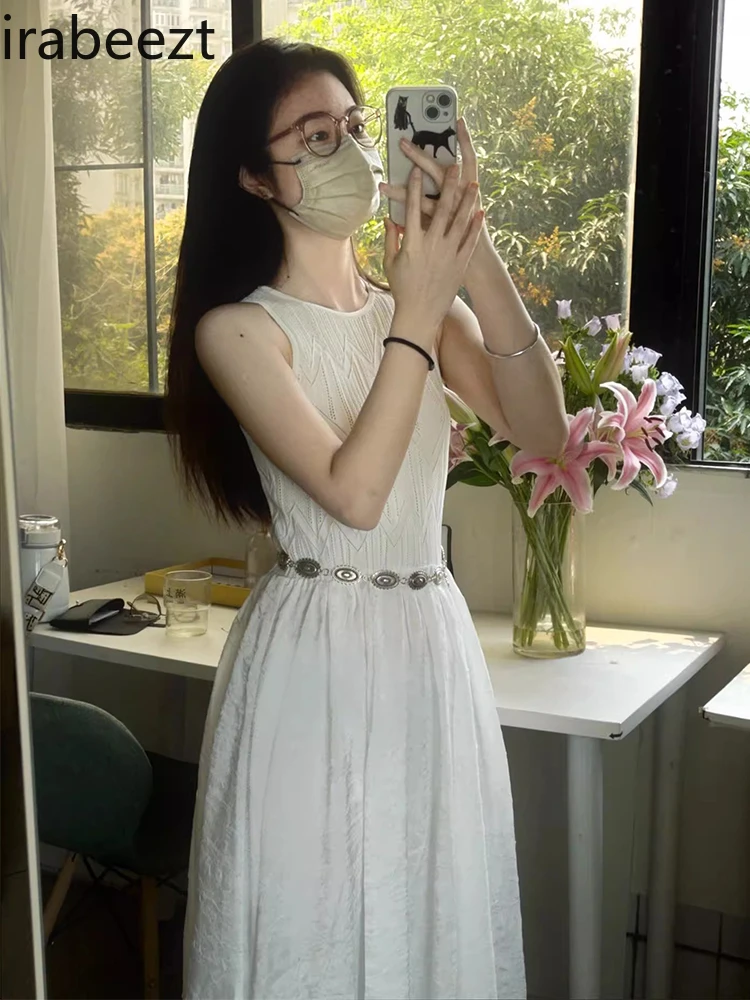 

2025 New French Style Off-Shoulder Vest Robe for Women Summer White Lined Elegant Fitted Waist Stunning Long Dress