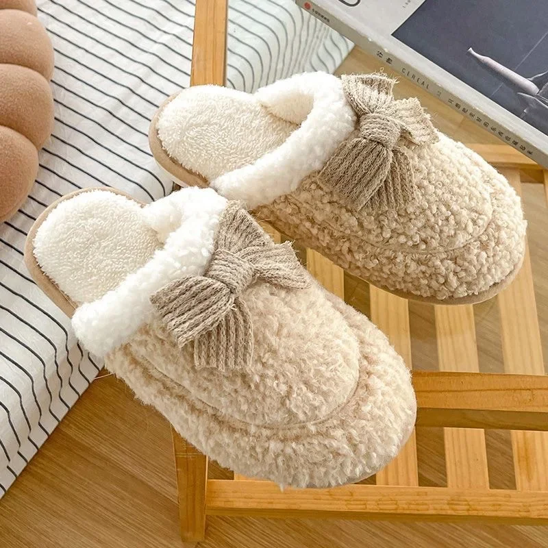 Women Cotton Slipper Autumnwinter  Dirt Resistant Thick Sole Non Slip Ultra Soft Comfort Student Bow Slippers Chanclas Mujer