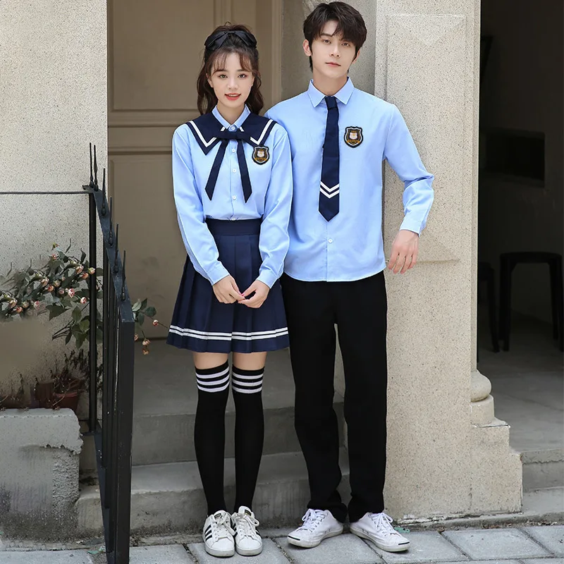 Conjuntos de uniformes de escuela secundaria C009, camisas de manga larga para estudiantes jóvenes, collares azul marino, ropa de clase de graduación