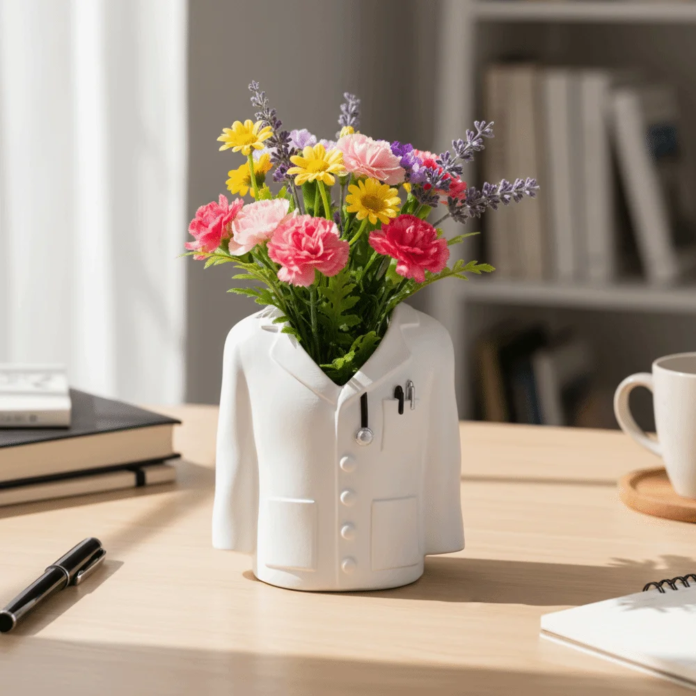 

Creative Resin White Coat Pen Holder Unique Novelty Dried Flower Vase Decoration Cylinder White Art Themed Storage Crafts Home