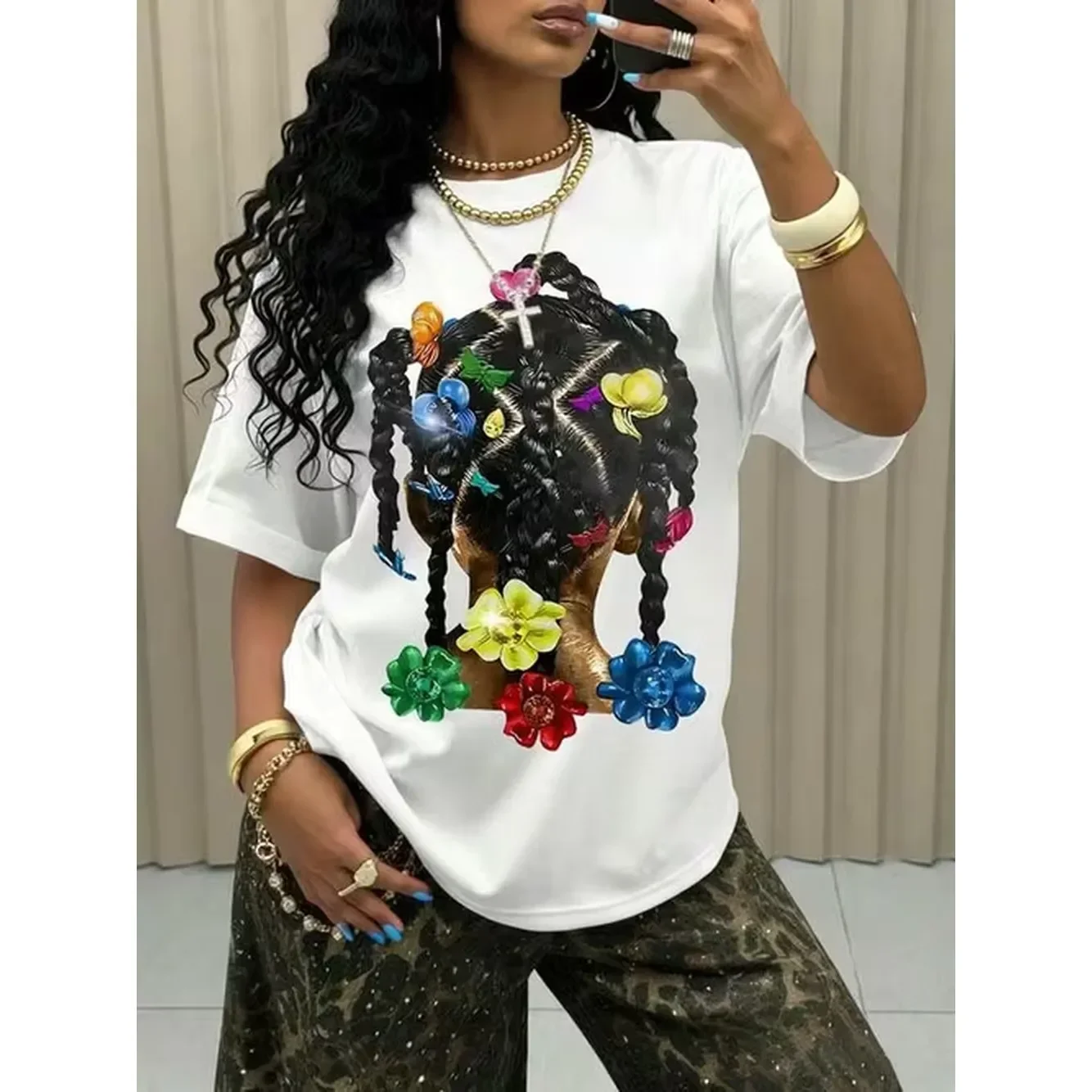 Womensshort Sleeve T Shirt Colorful Braided Hair Graphic Tee For Women Black Streetwear Style Print Crew Neck Daily Wear