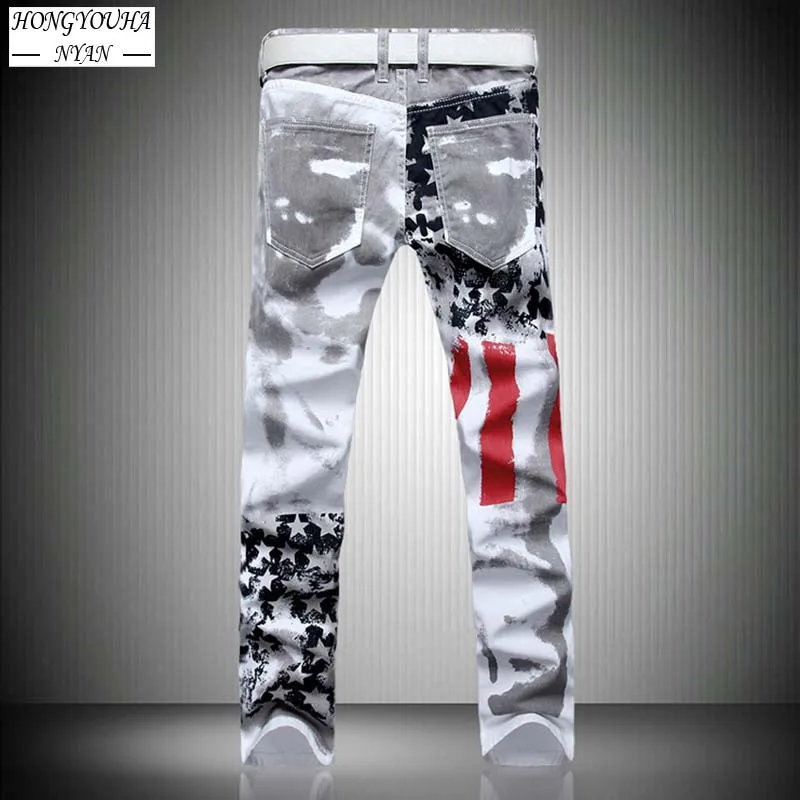 High Street Straight Denim Calças Masculinas Bandeira Branca Impressão Jeans Stretch Slim Casual Cinco Pontas Estrela Hip Hop Calças de Tamanho Grande