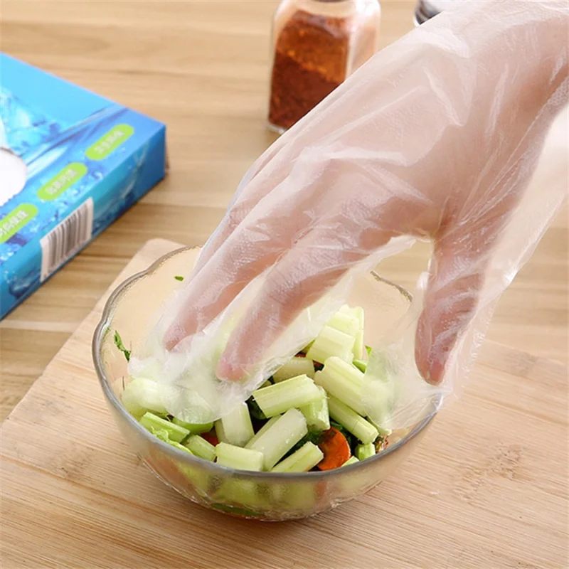 200Pcs Food Grade Gloves Plastic Disposable Polyethylene Clear Gloves Multi-Functional Cooking Cleaning Kitchen Accessory