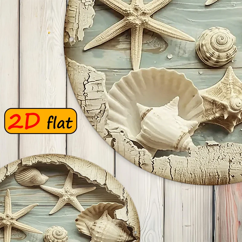 Coastal 2D Flat Aluminum Wall Art 7.87in Round Shell Starfish Waterproof Decor for Home Outdoor