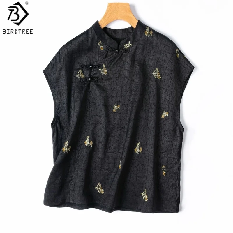 Birdtree, 100% Real Silk Embroidery Tshirt, Stand Collar Tops, Women's Craquelure Xiangyunsha Shirt, 2026 Autumn New T68917JF