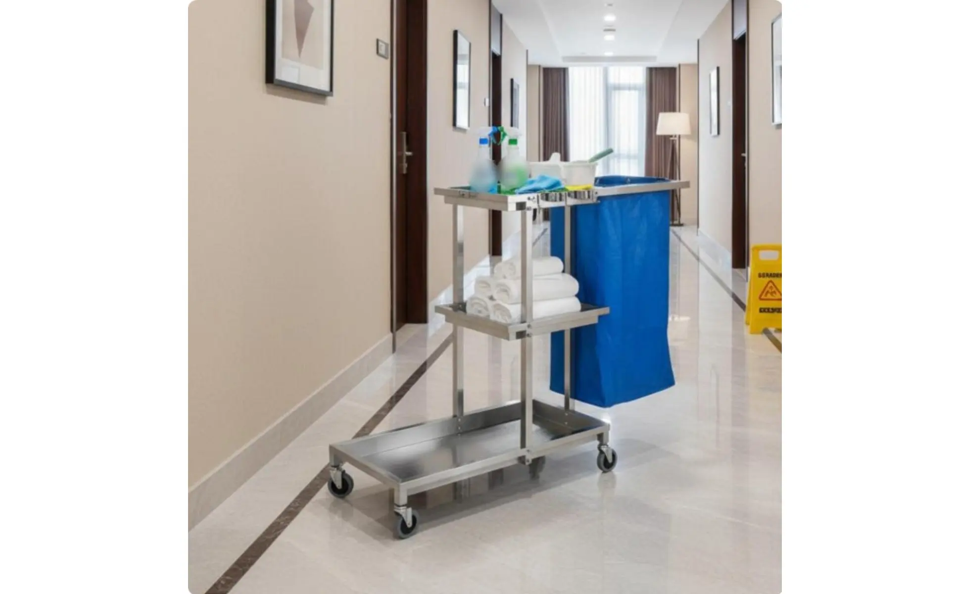 Hotel Linen Cart Sturdy Duty Stainless Steel Janitor Cart Business Cleaning Trolley with Bag Large Capacity for Housekeepers