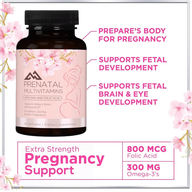 Prenatal multivitamins containing folic acid, iron, DHA, vitamin C, E - mineral supplements, 60 vegetarian soft capsules