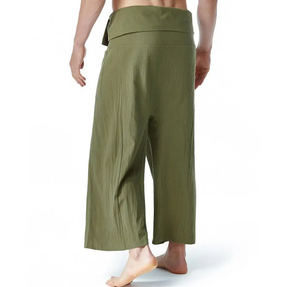 Thai Fisherman Pants Summer Solid Color Flax Drawstring Wide Legs Pockets Casual Loose Men Martial Arts Haren Trousers Male