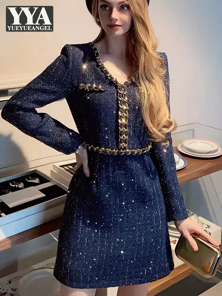 

Autumn Elegant Women V Neck Slim Fit A Line Mini Tweed Dress Weave Chain Office Ladies Long Sleeve Dresses Fashion Party Dress