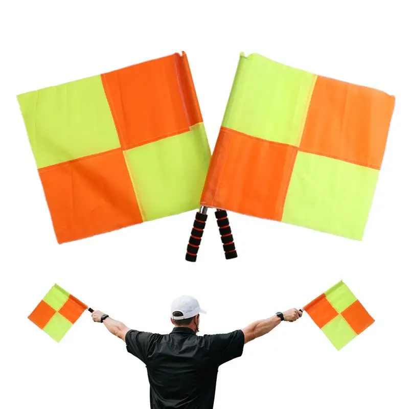 축구 심판 플래그 2 조각 스포츠 심판 플래그 오렌지와 노란색 인체 공학적 핸들 축구 게임을위한 축구 코칭 장비