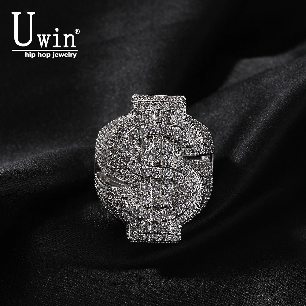 

Uwin Full Iced Out $ Sign Fingure Rings Micro Paved Out Cubic Zirconia Punk Ring Hiphop Jewelry For Men Women Party Gift