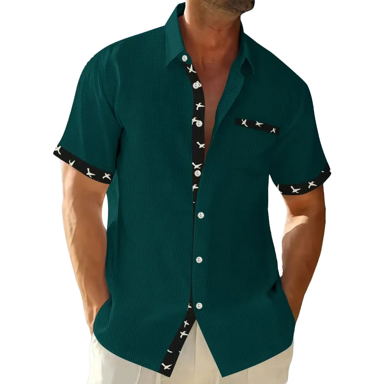 Summer Tops Shirt Button Down Shirts Floral Print Casual Shirt Burgundy Teal Short Sleeve Shirt Trim Pocket Detail Checkered
