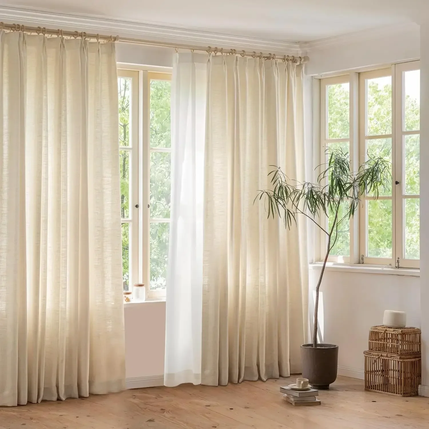 Sand Beige Privacy Curtains Short, Double Pleated Linen Fabric Window Curtains, 72