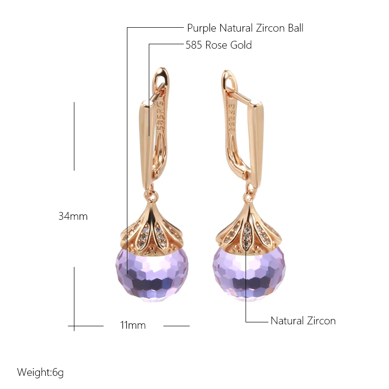 Kinel New Fashion 585 Rose Gold Round Purple Crystal Ball Drop Earrings For Women Wedding Party Luxury Trendy Daily Jewelry