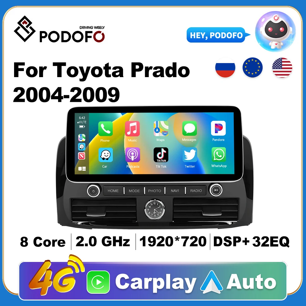 Podofo Wireless CarPlay Andorid Auto Car Radio For Toyota Prado 2004-2009 AI Vioce Multimedia GPS 2din autoradio