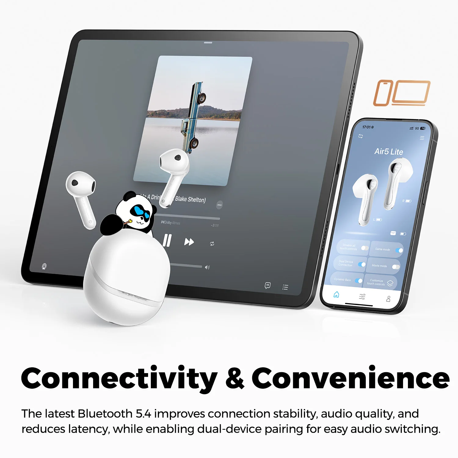 SoundPEATS Air5 Lite Wireless Earbuds with Hi Res Audio, Bluetooth 5.4 Semi in Ear Earphones,13mm Drivers,LDAC Codec,Fast Charge