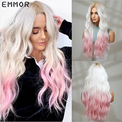 Emmor-Perucas Onduladas Sintéticas Sem Franja para Mulheres, Ombre, Branco, Rosa, Diário, Cosplay, Festa, Uso Lolita, Cabelo de Fibra Resistente ao Calor