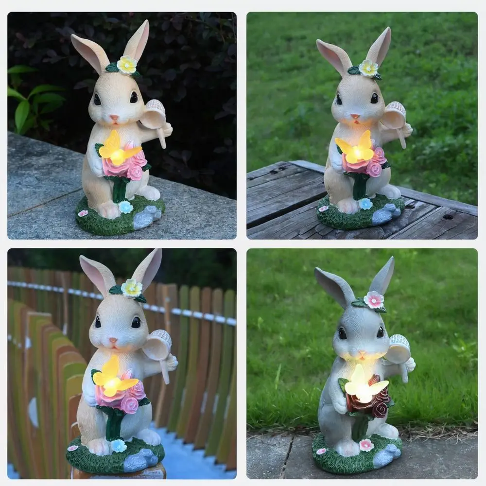 Solar Powered Rabbit And Butterfly Figurine Light Outdoor Waterproof Garden Decoration Resin Statue Yard Lawn Art Ornament