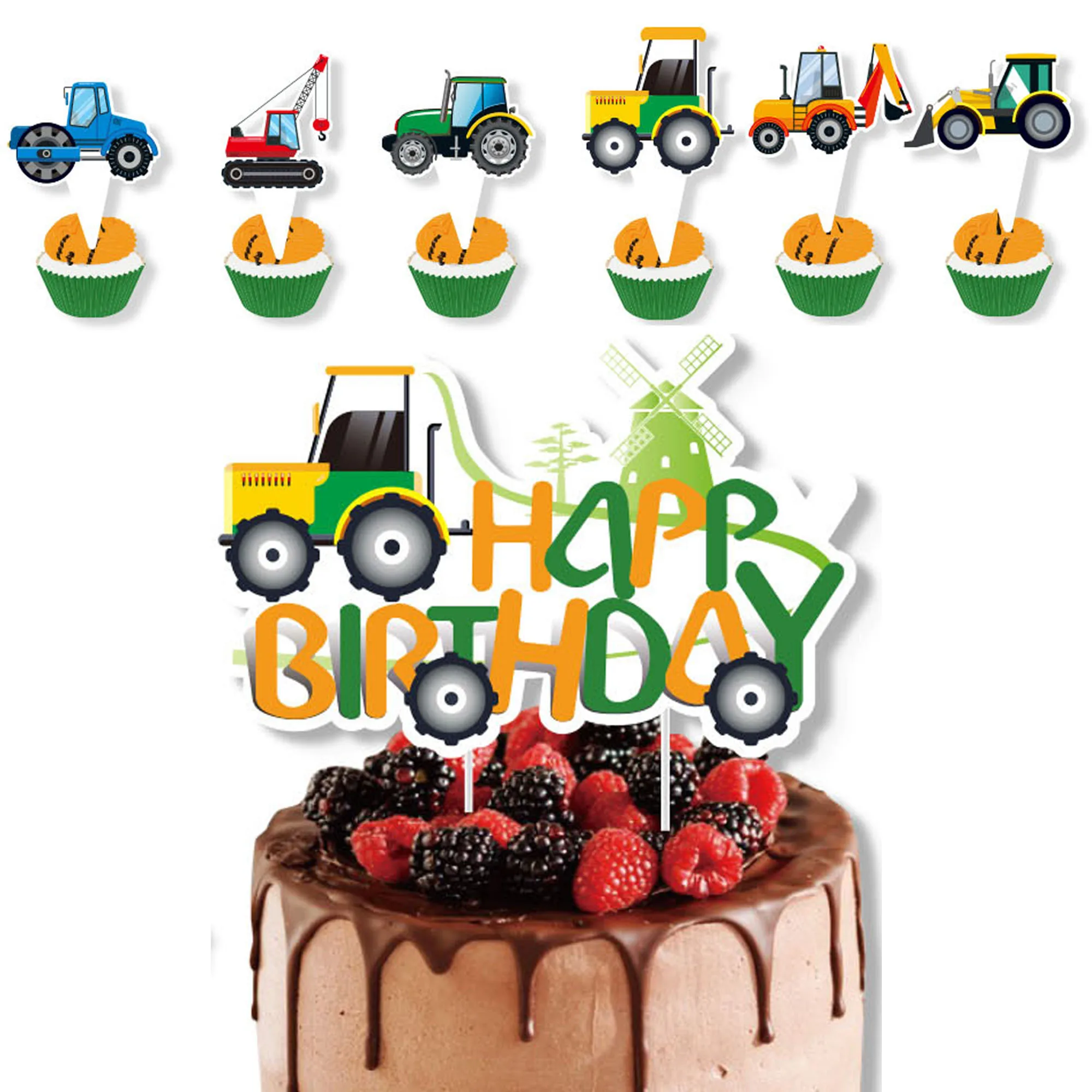 Toppers de bolo de trator verde, trator agrícola, caminhão, carro, cupcake, escolhas para chá de bebê, festa de aniversário, decorações de bolo de trator verde