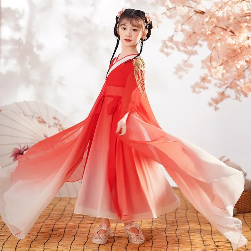 Chinese Girls Red Hanfu Dress Lovely Kids Photography Zither Vintage Children Ancient Fairy Princess Photo Shoot Cosplay Gowns