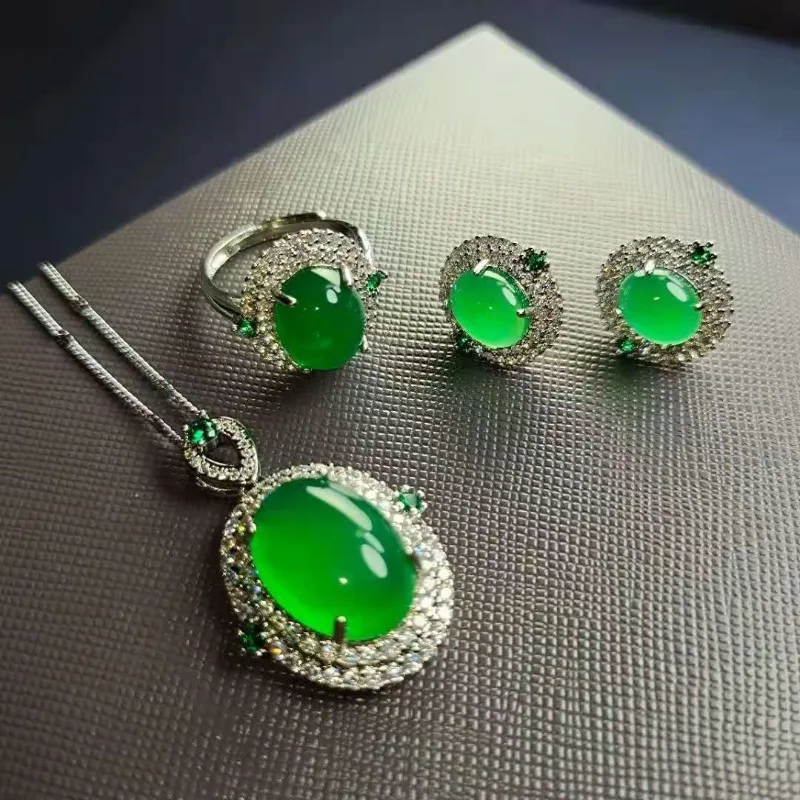 

Natural Agate Pendant,Earrings,Ring Inlaid with Yang Green Chalcedony Three-piece Set for Women