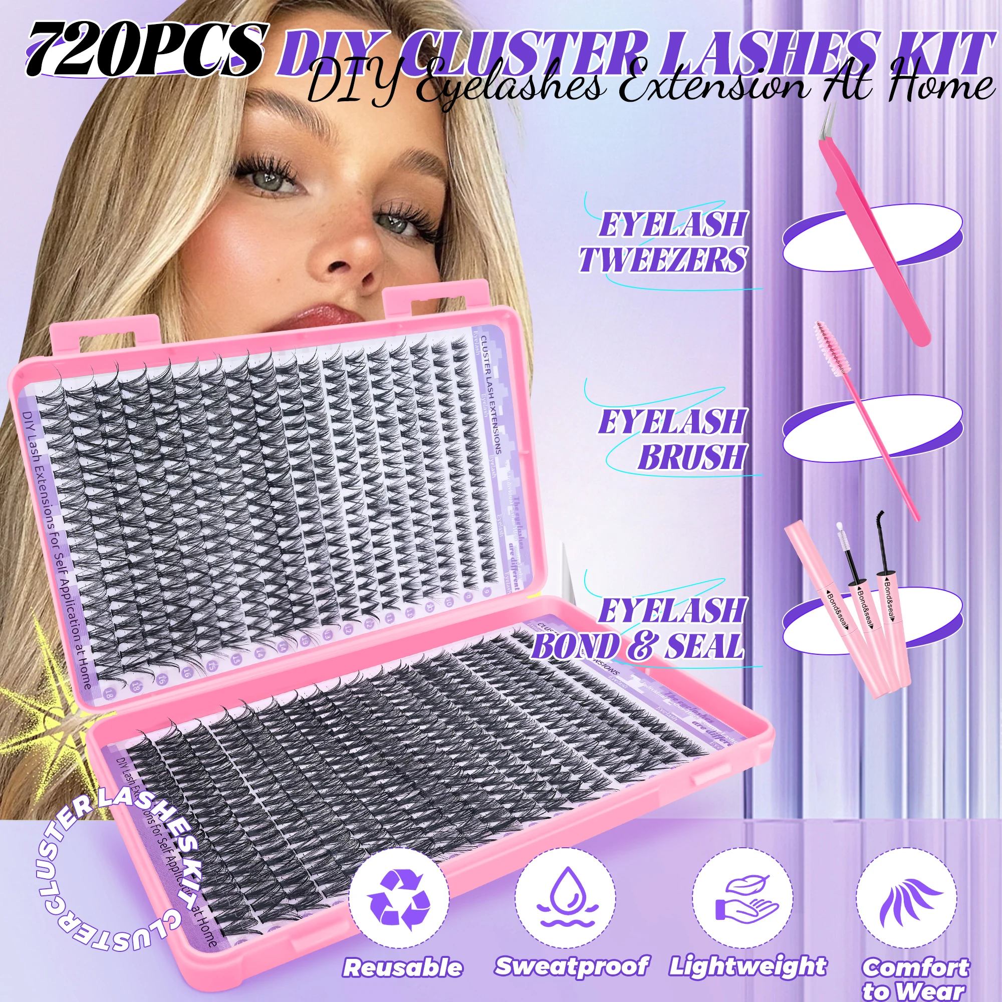 720PCS-30D/40D com adesivo, pinça, escova e modelador de cílios para DIY em casa. Desgaste longo sem fadiga ocular, como luz como fe