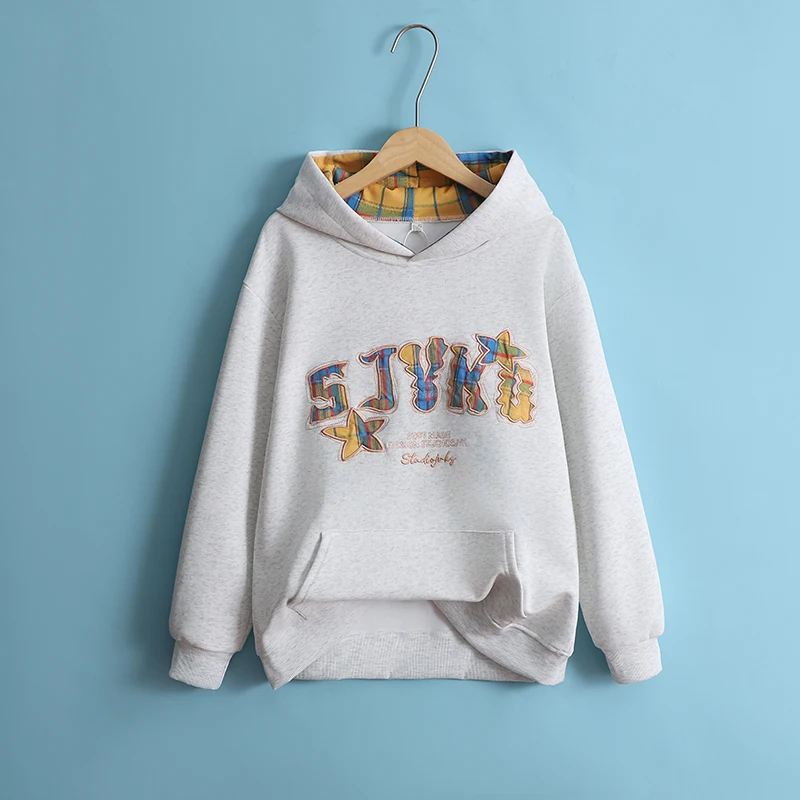 College Style Embroidered Checkered Star Hoodie 2025 Spring Autumn Loose Pullover Fashionable Casual Cute Women's Hoodie New