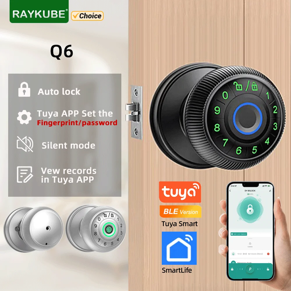 RAYKUBE Q6 Tuya BLE 스마트 지문 문짝 잠금, 전자 잠금, 비밀번호, 키, Smartlife, Tuya 앱, 침실용 음소거 잠금 해제 