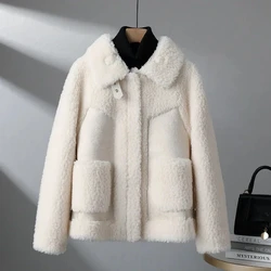 2024 Autumn Winter Lambswool Jacket Womens Chic Splice Lamb Wool Coat Tops Women Korean Bomber Wool Outwear Woman Suede Jackets