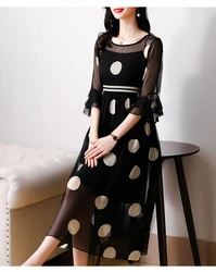 2024 Spring/Summer New Silk Polka Dot Print Dress for Women's Bohemian Black Mesh Spliced Waistband Slim Over Knee Long Dress