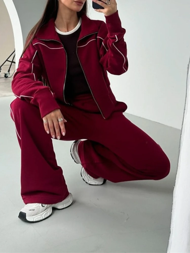 Tuta sportiva primavera autunno per donna Felpa a maniche lunghe con cerniera tinta unita ampia Cappotto Pantaloni con lacci a vita alta Set da 2 pezzi