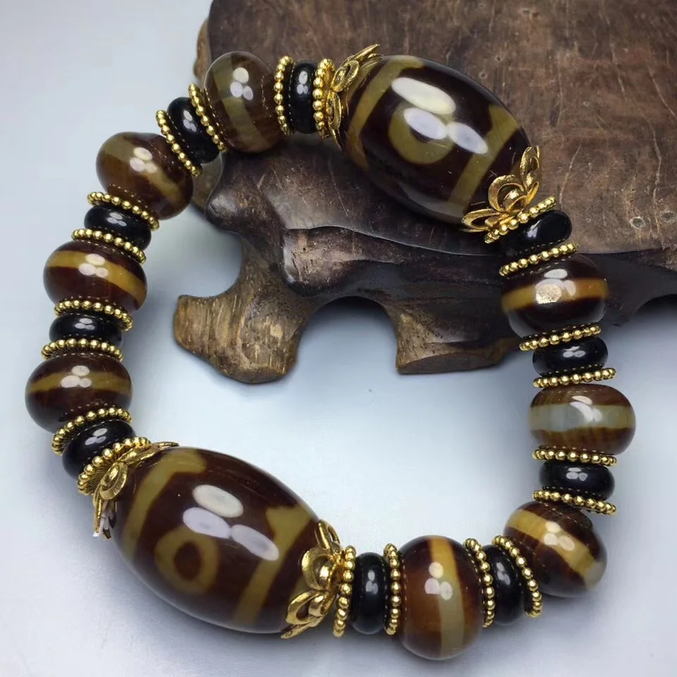 Natural Old Agate Permeates Three Eye Wiring Beads, Old DZi Bracelet, Men's and Women's National Style Hand String Jewelry