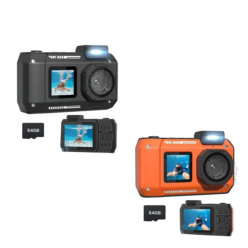 FFYY-Waterproof Camera 4K 65MP Underwater Camera With 64G Card, For Snorkeling Autofocus Selfie Dual-Screen