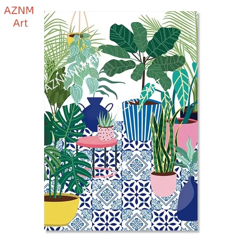 Modern Wall Art Canvas Painting Nordic Greek Tile Botanical House Plants Art Poster Boho Green Leaves Decor Picture Home Deco view 6